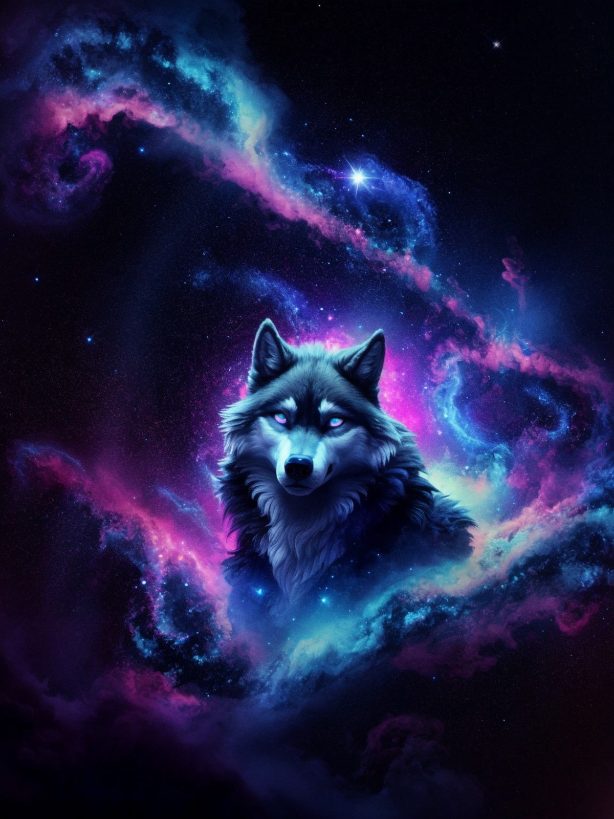 (wolf), energy, galaxies, spirals, space, nebulae, stars, smoke, iridescent, intricate detail, (in the shape of a wolf), o...